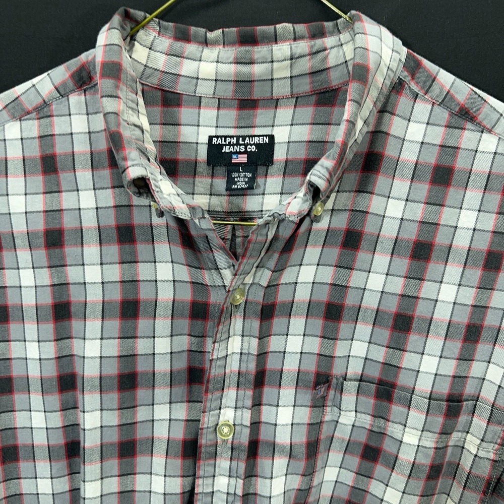 Vintage Polo Jeans Co Ralph Lauren Men's L Red Black‎ Plaid Shirt 90s Flag Patch